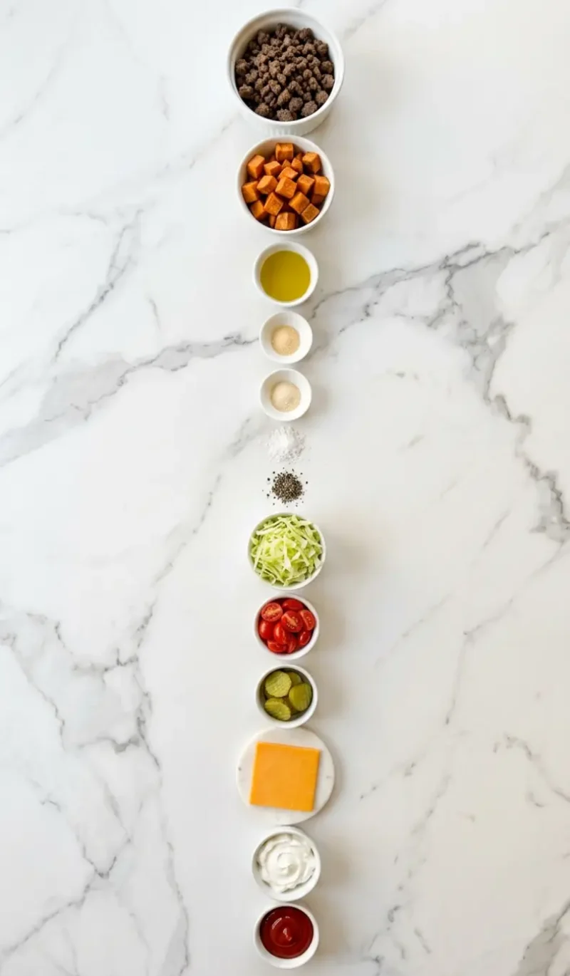 All 13 ingredients for Smash Burger Bowl arranged vertically on white marble