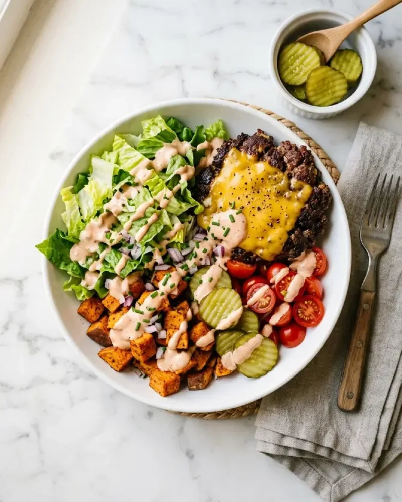 Overhead view of Smash Burger Bowl with roasted sweet potatoes, beef, lettuce, tomatoes, and pickles