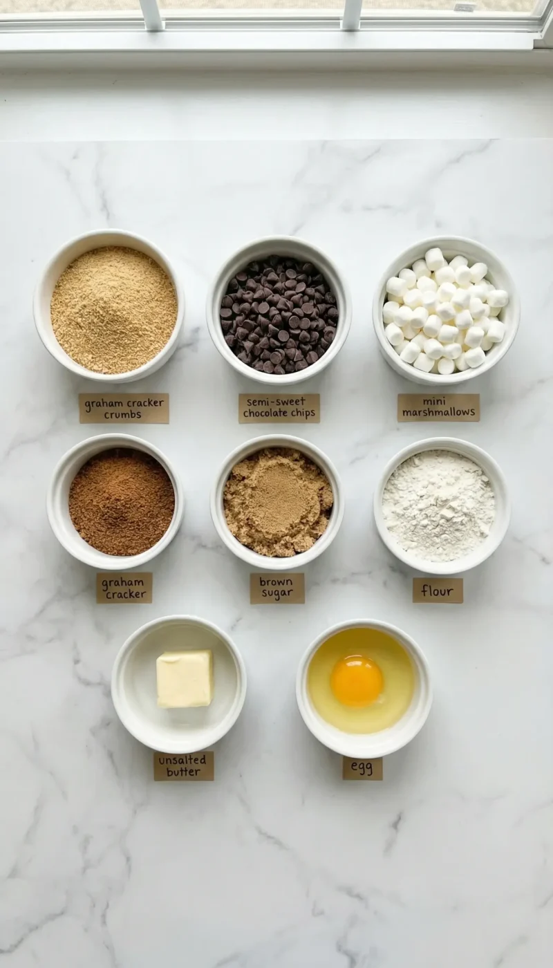 Raw ingredients for s'mores cookie bars including graham crackers, chocolate chips, and marshmallows on a marble surface.