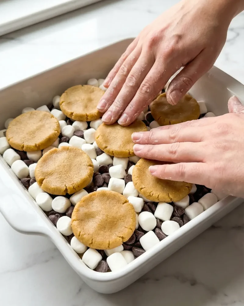 Pressing graham cracker cookie dough over a layer of marshmallows and chocolate.