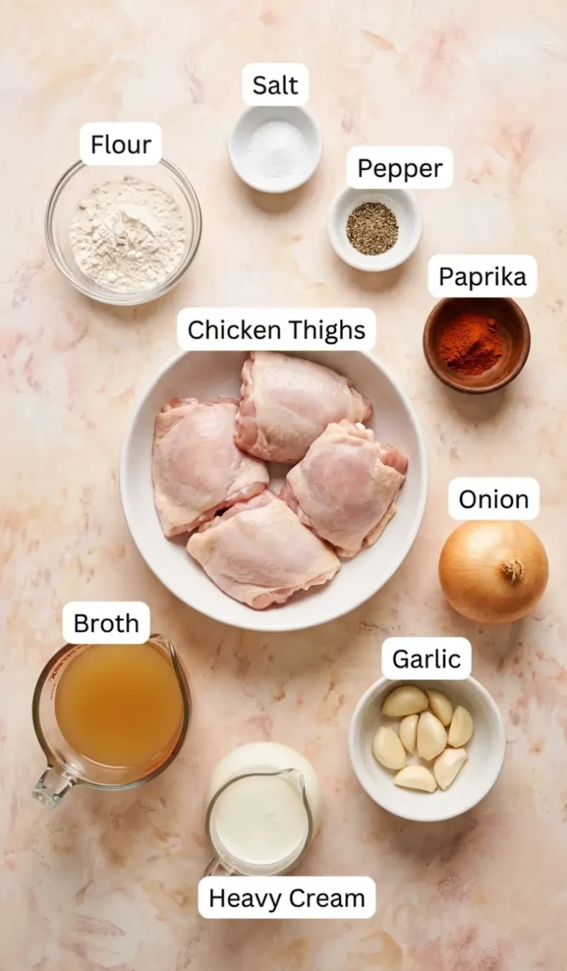 all 9 ingredients for southern smothered chicken arranged on a cream and blush plaster surface