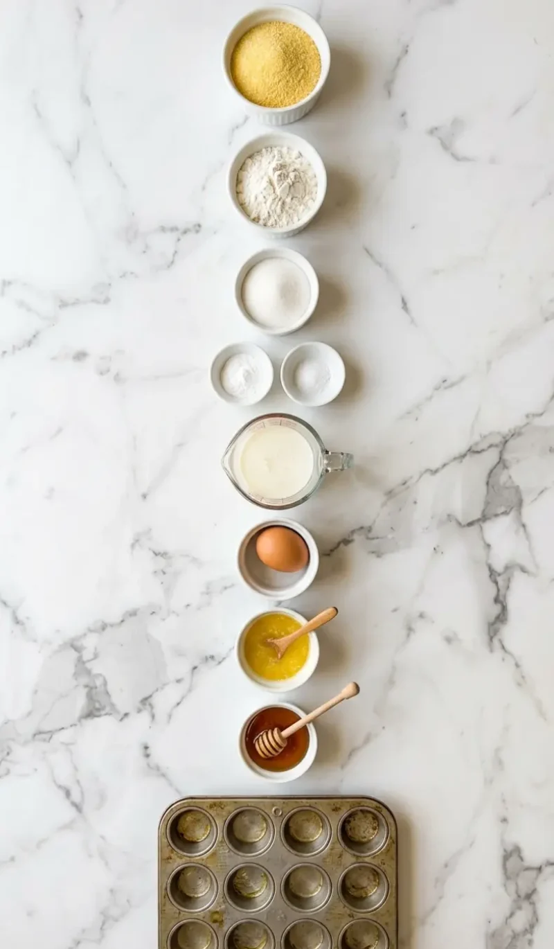 All 9 ingredients for Southern-style Honey Butter Cornbread Poppers arranged vertically on white marble