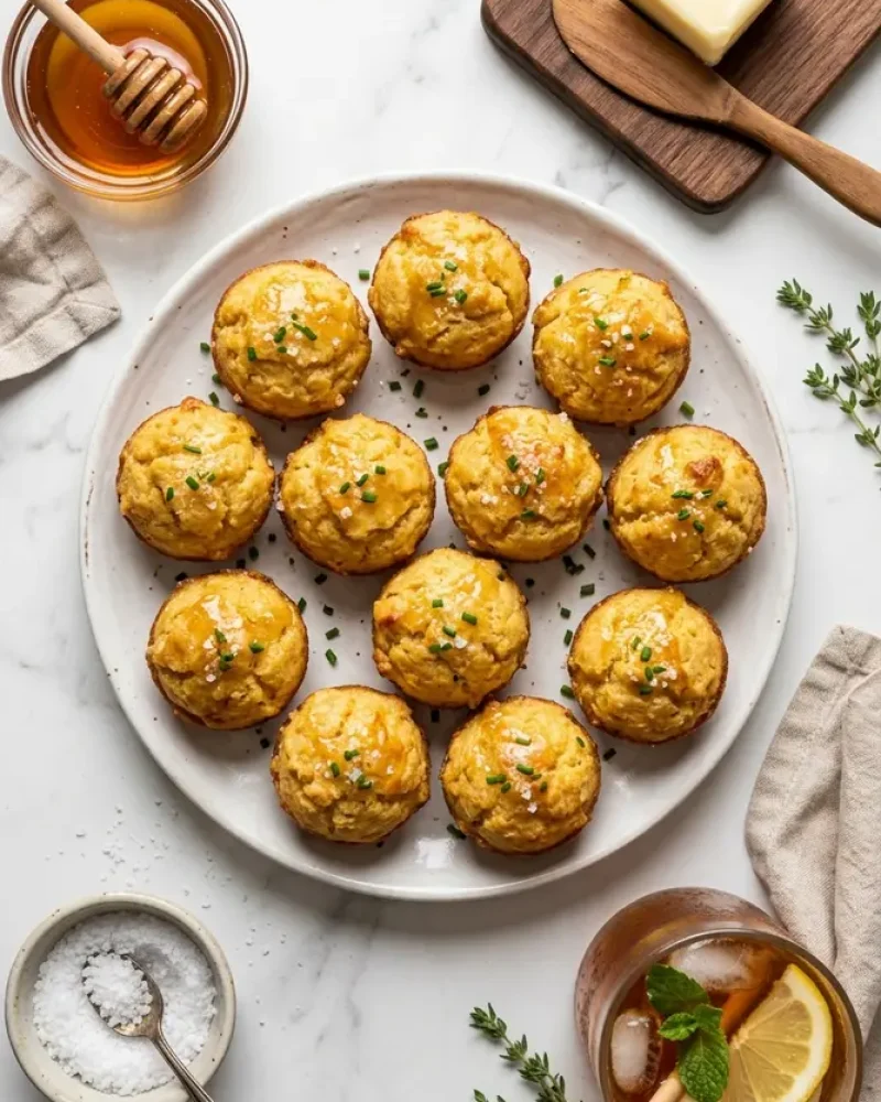 Overhead view of Southern-style Honey Butter Cornbread Poppers with honey and iced tea