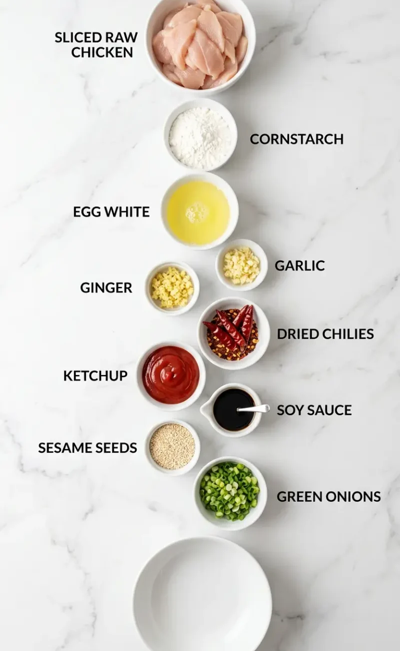 Exploded view of all ingredients for spicy dragon chicken arranged vertically