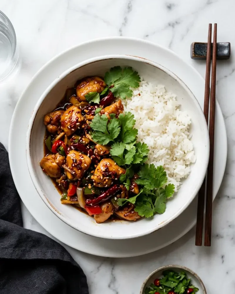 Overhead view of spicy dragon chicken served with rice and fresh garnish