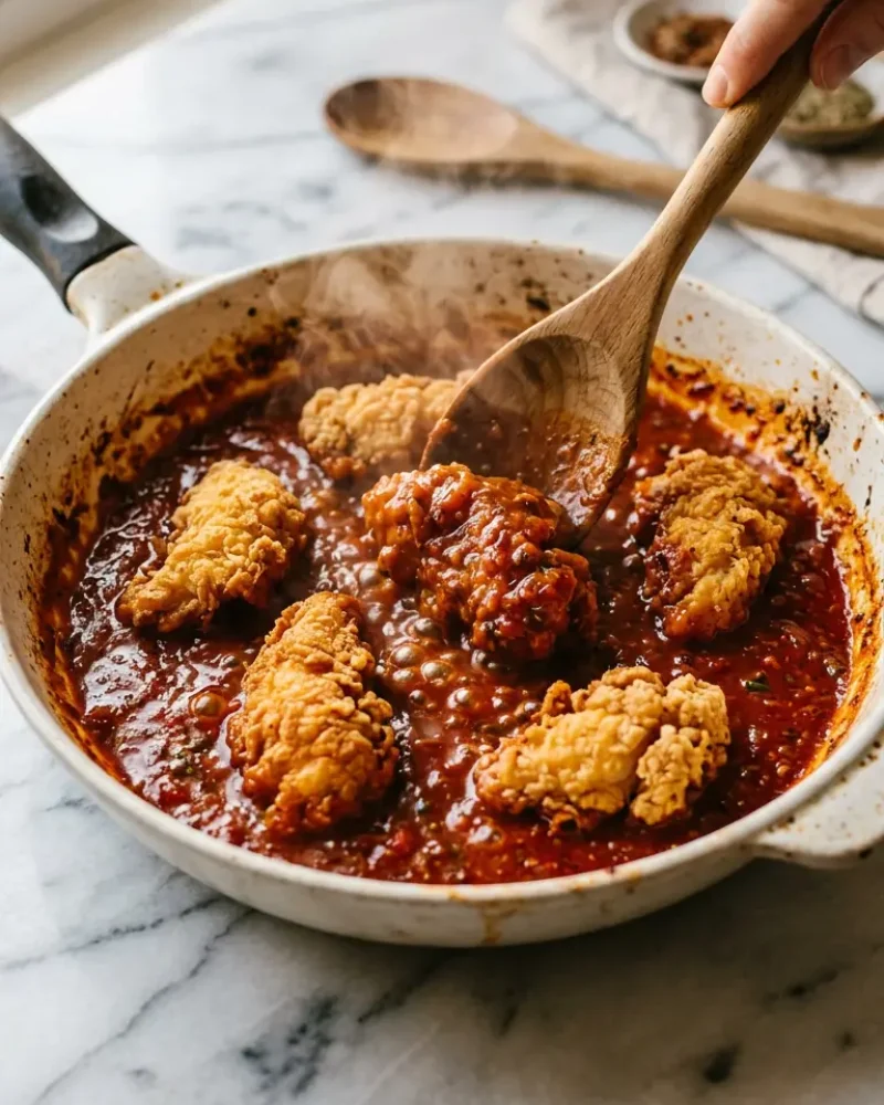 Crispy chicken being combined with spicy dragon sauce in skillet