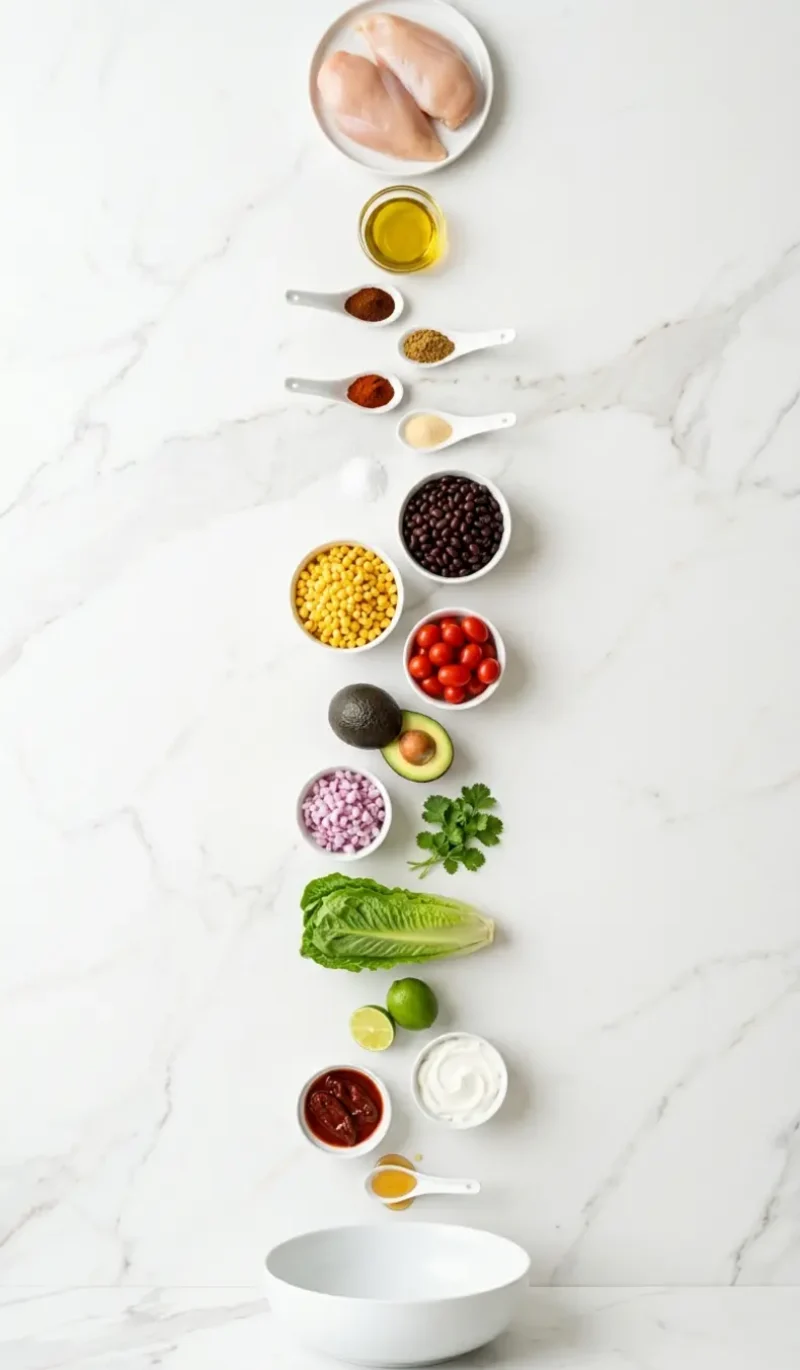 all 18 ingredients for spicy southwest chicken salad arranged vertically on white marble
