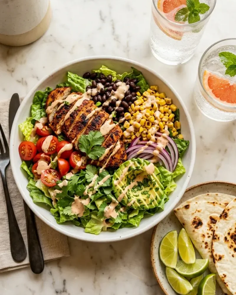 overhead view of spicy southwest chicken salad with tortillas and sparkling water on white marble