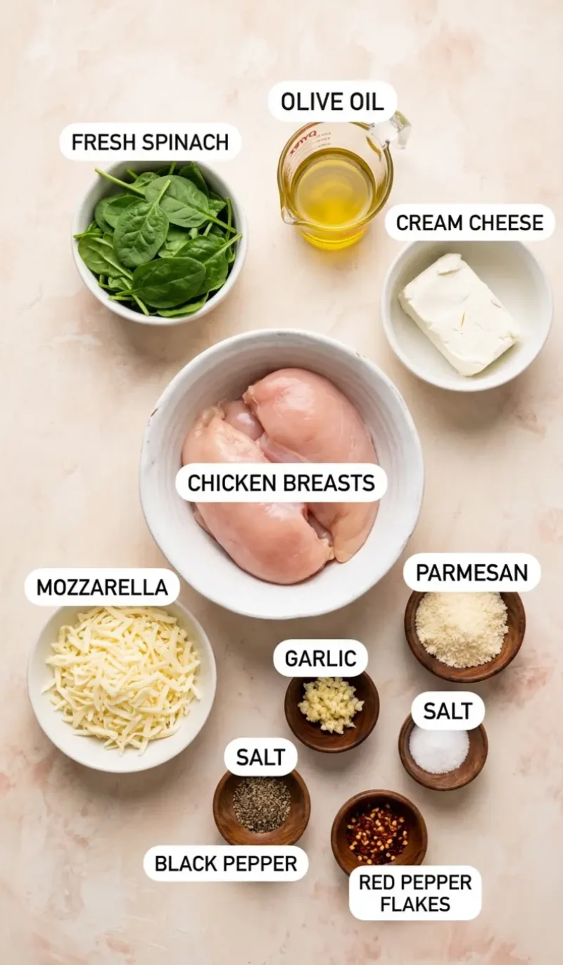 Labelled overhead flatlay of all 10 ingredients for spinach stuffed chicken breasts on a cream and blush plaster surface, each ingredient named