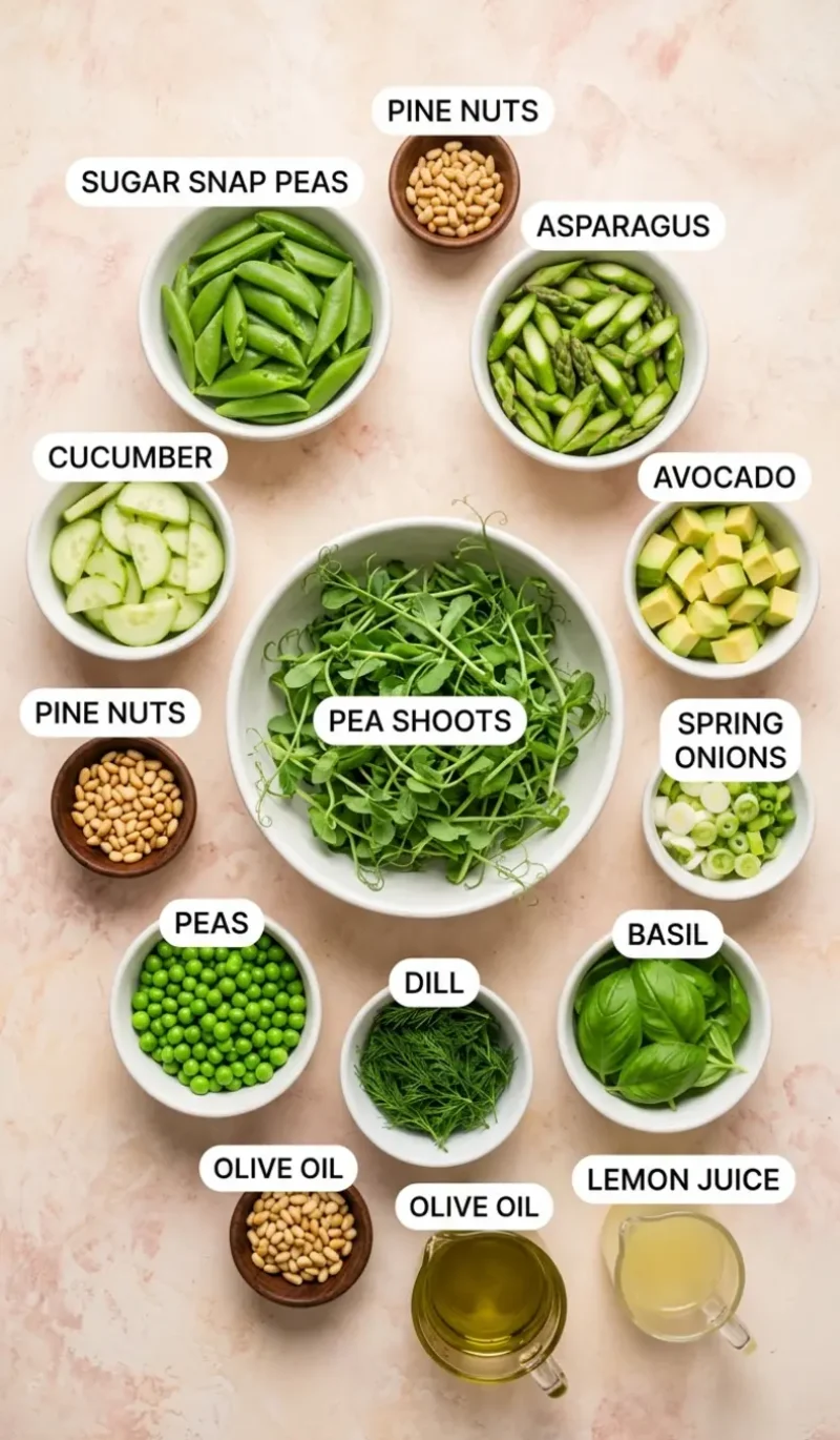 all 12 ingredients for everything spring green salad with basil lemon vinaigrette arranged on a cream and blush plaster surface