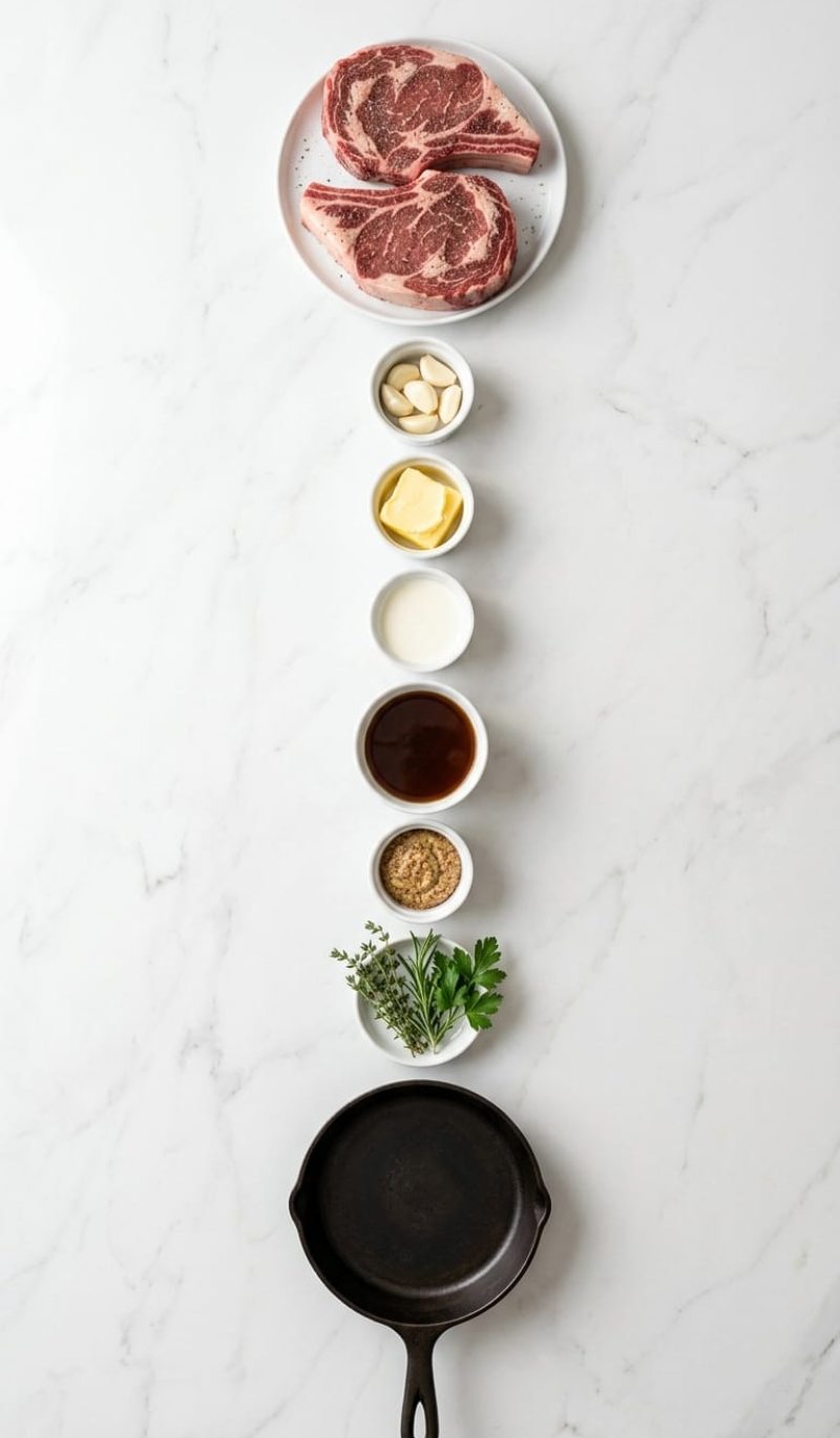 Exploded view of all ingredients for pan-seared steak with creamy garlic sauce arranged vertically