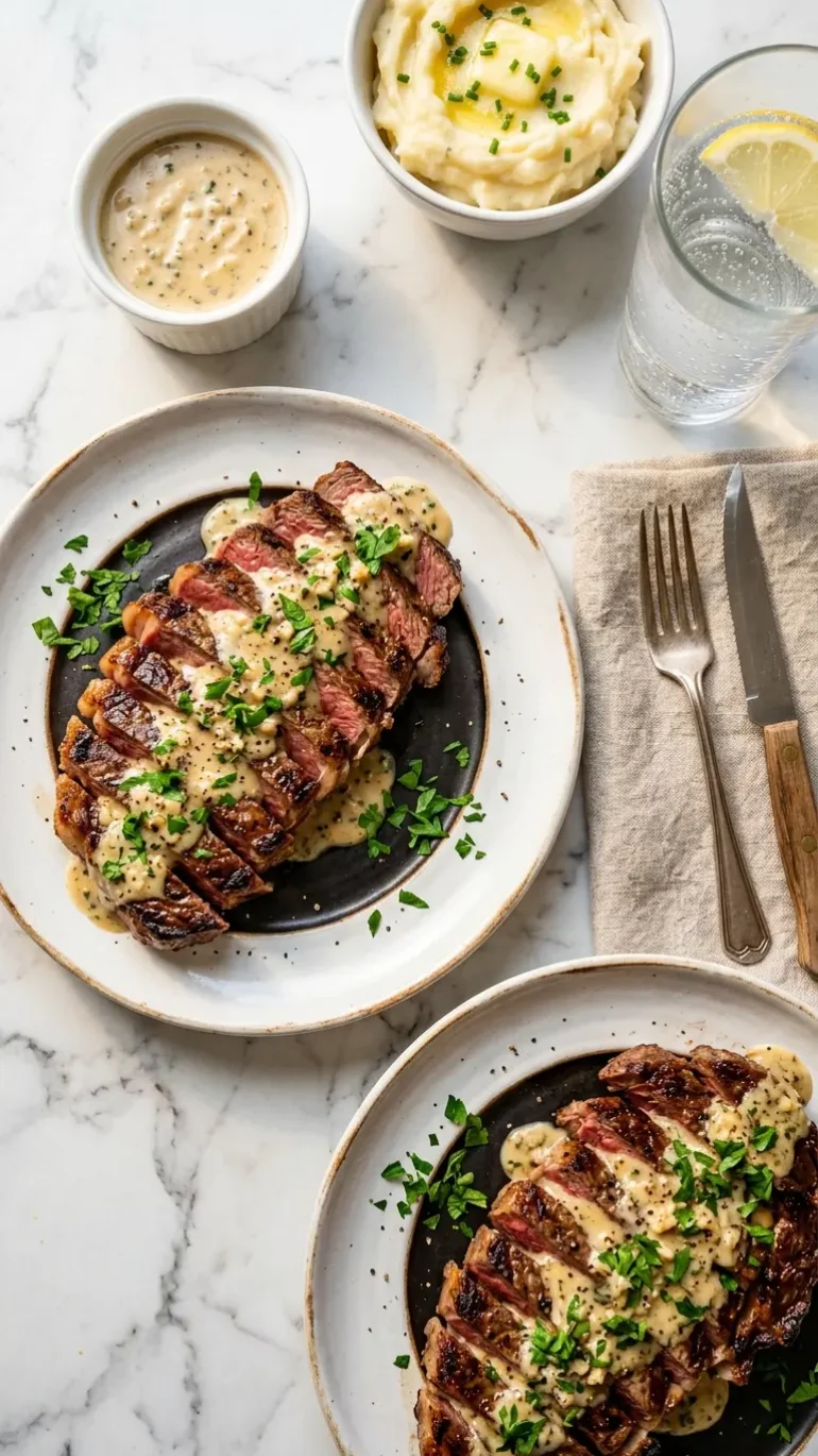 Overhead view of steak with creamy garlic sauce plated with mashed potatoes and garnished with parsley