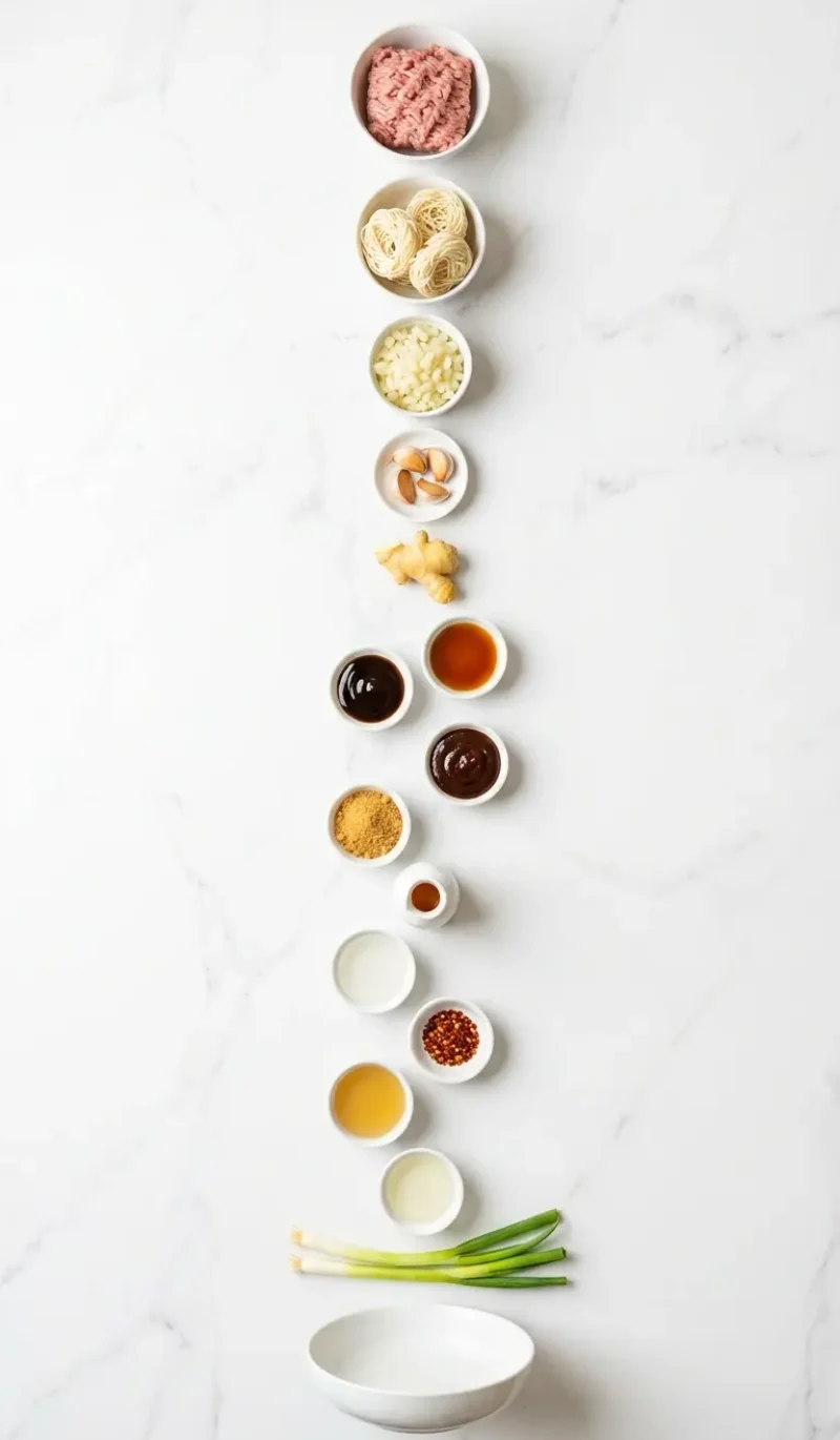 Exploded view of all 16 ingredients for sticky beef noodles arranged vertically on white marble