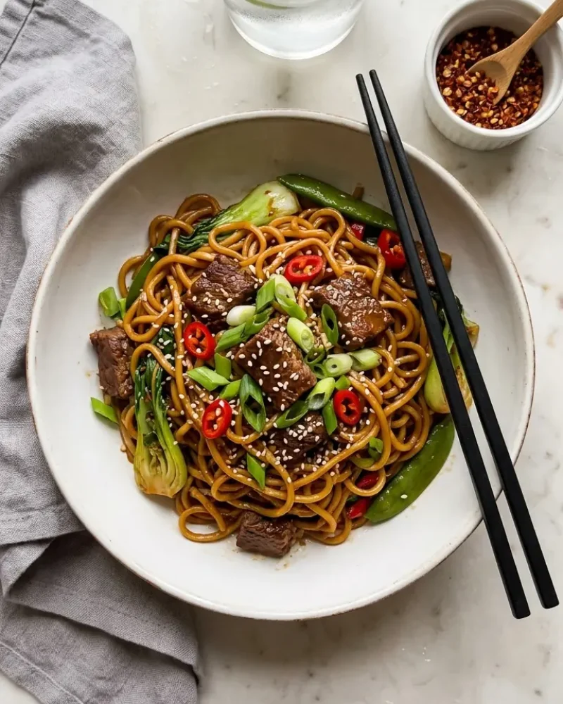 Overhead view of sticky beef noodles in a white bowl with chopsticks, spring onions, sesame seeds, and a side of chili flakes
