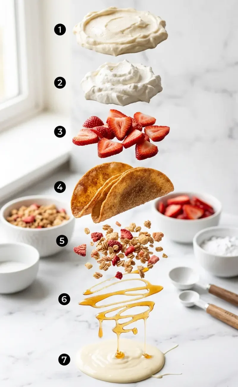 Exploded view of all ingredients for Strawberry Crunch Cheesecake Tacos arranged vertically
