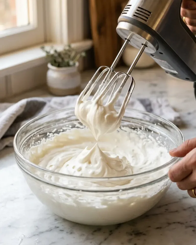 Whipped cream being prepared with electric mixer for cheesecake filling