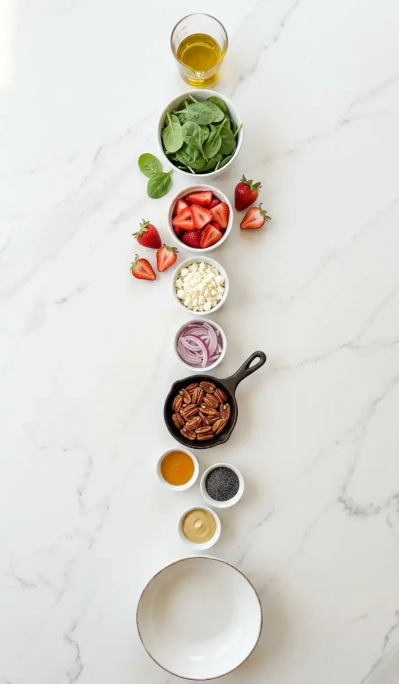 all 10 ingredients for strawberry crunch salad arranged on white marble