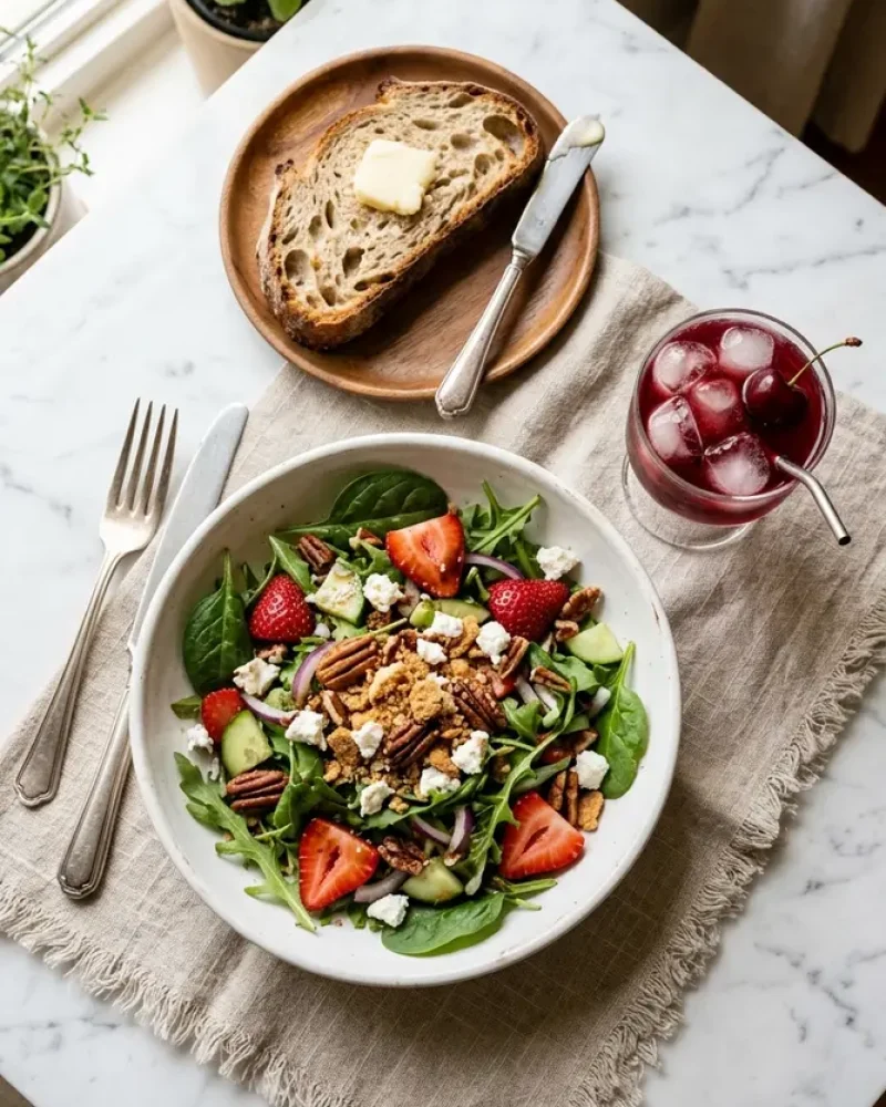 overhead view of strawberry crunch salad with tart cherry drink and bread
