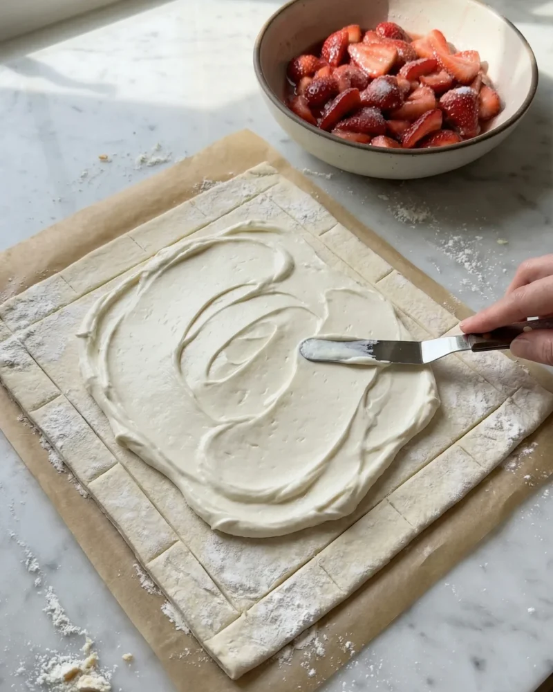 Spreading smooth cream cheese filling inside the scored border of a raw puff pastry sheet with a bowl of macerated strawberries nearby