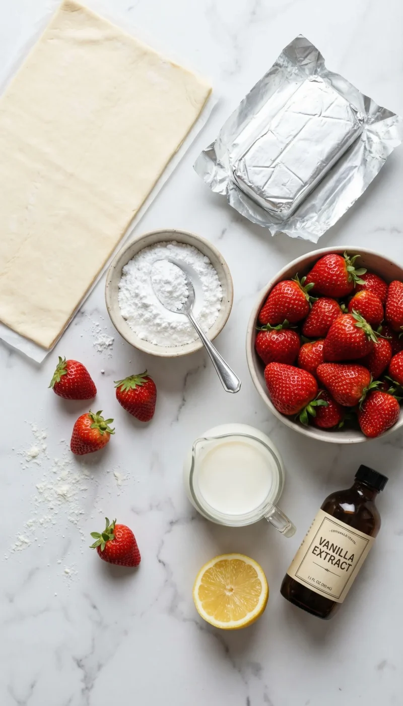 Raw ingredients for strawberry danish including puff pastry, cream cheese, strawberries, powdered sugar, lemon, milk, and vanilla extract laid out on a marble counter