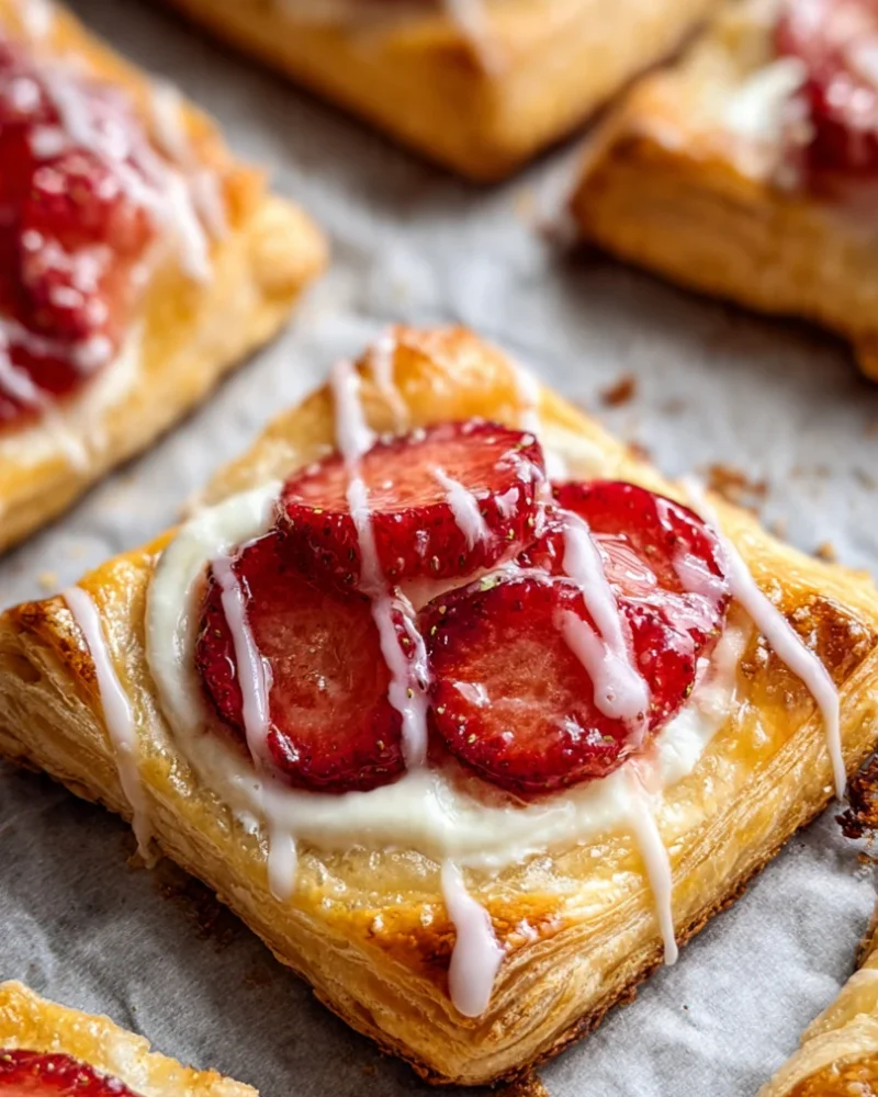 Multiple individual strawberry danish squares on parchment paper with flaky golden puff pastry, cream cheese filling, sliced strawberries, and vanilla glaze