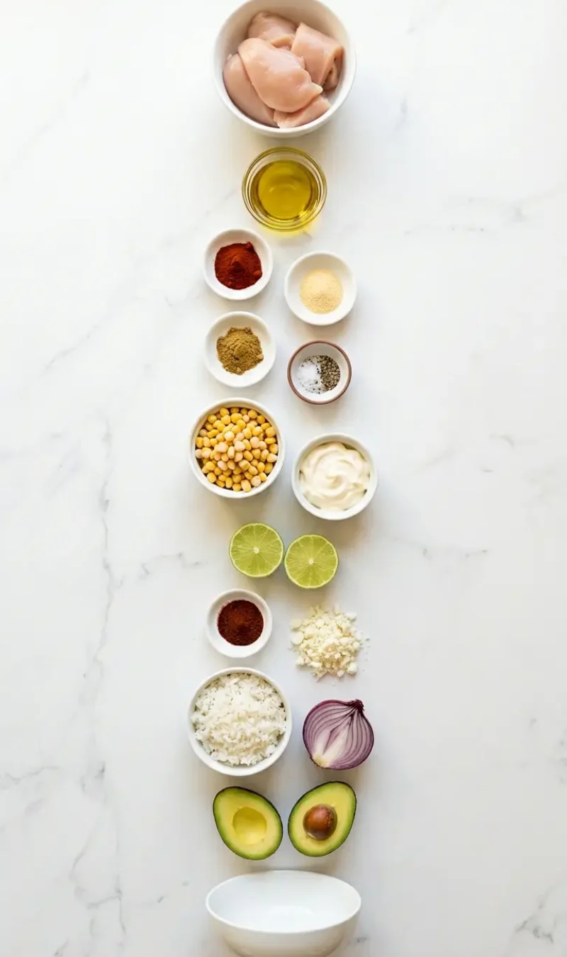Exploded view of all 16 ingredients for street corn chicken bowl arranged vertically on white marble