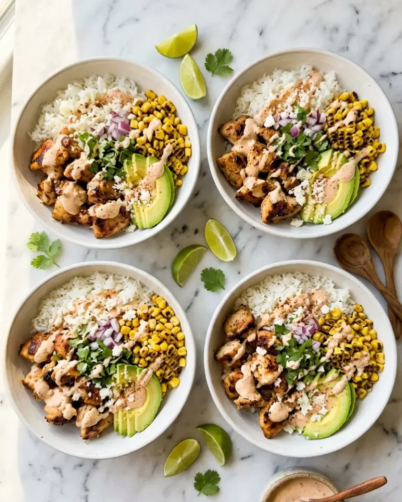 Overhead view of four street corn chicken bowls on white marble with lime wedges and extra sauce