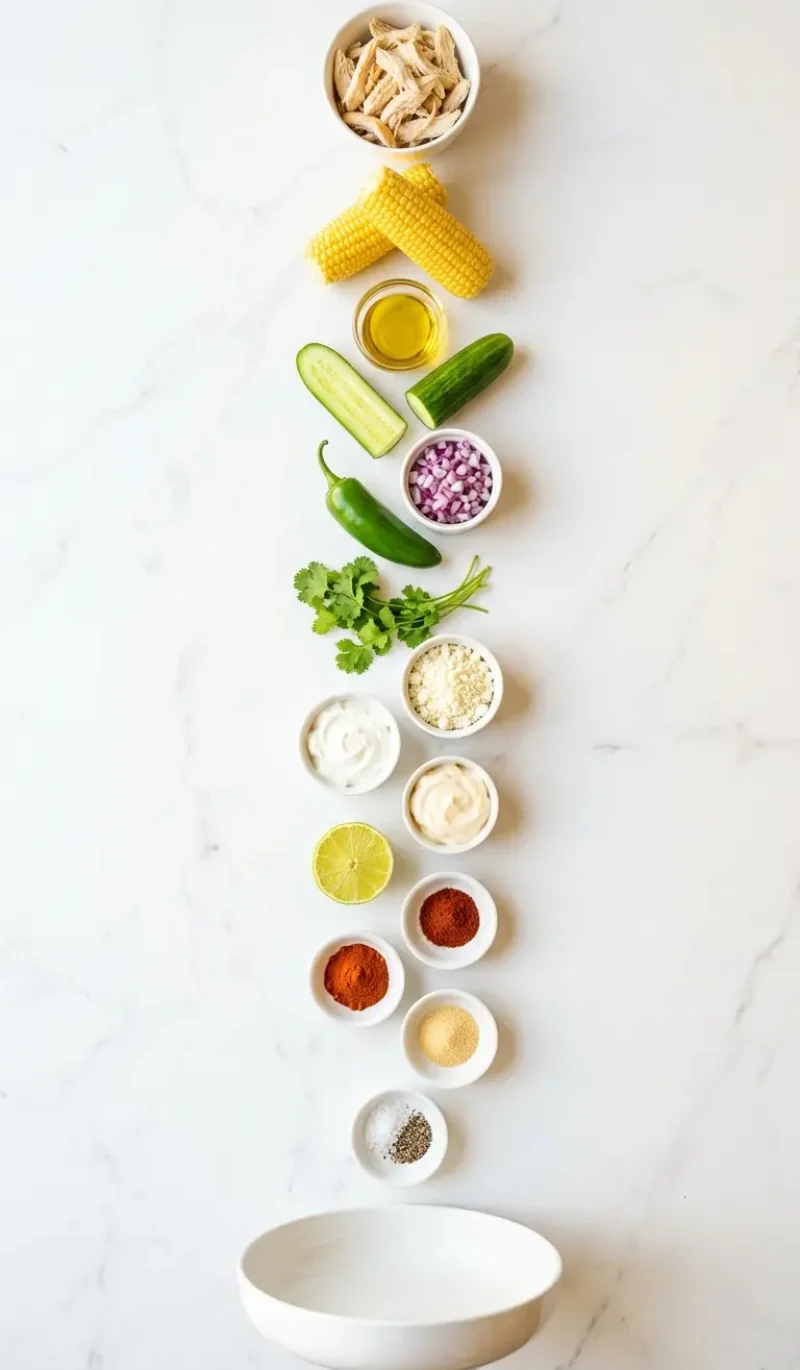 Exploded view of all 15 ingredients for Street Corn Creamy Cucumber Chicken Salad arranged vertically on white marble