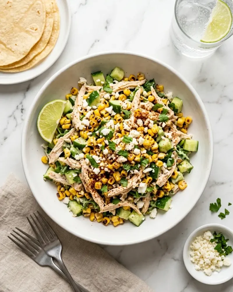 Overhead view of Street Corn Creamy Cucumber Chicken Salad with tortillas and garnishes on white marble