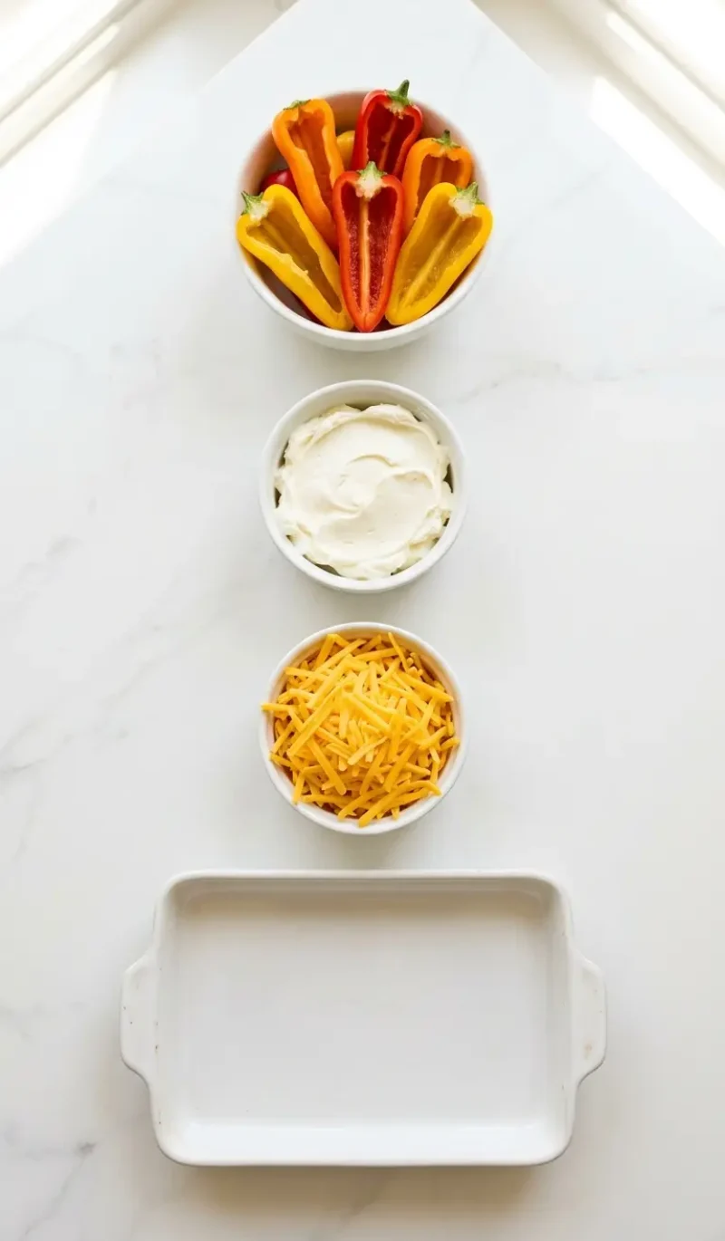 Exploded view of all 3 ingredients for stuffed pepper bites arranged vertically on white marble