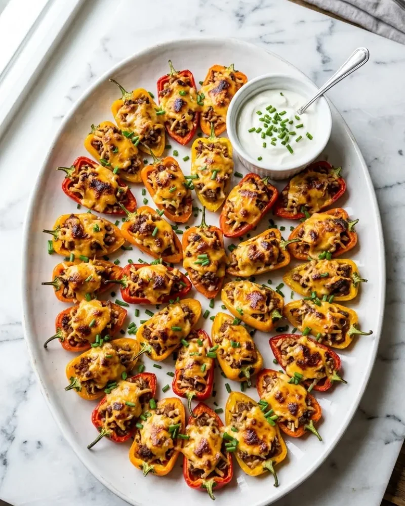Overhead view of baked cream cheese stuffed mini pepper bites on white platter with dipping sauce