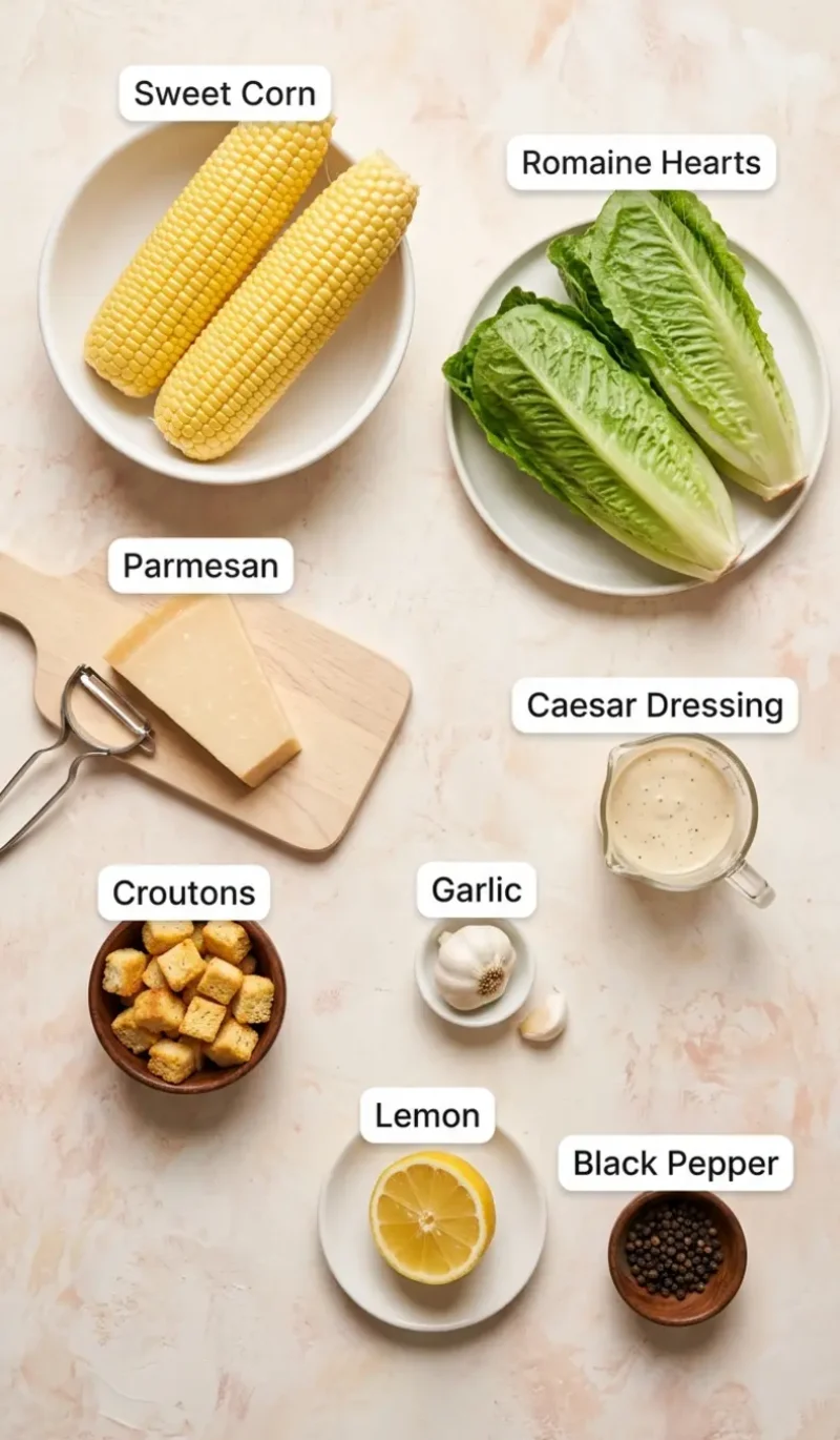 all 8 ingredients for summer caesar salad with charred sweet corn arranged on a cream and blush plaster surface