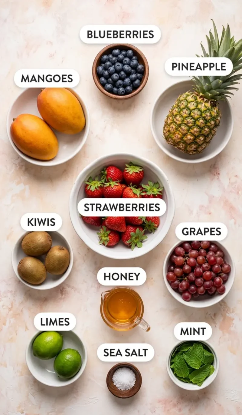 Labelled overhead flatlay of all 10 ingredients for summer fruit salad on a cream and blush plaster surface, each ingredient named