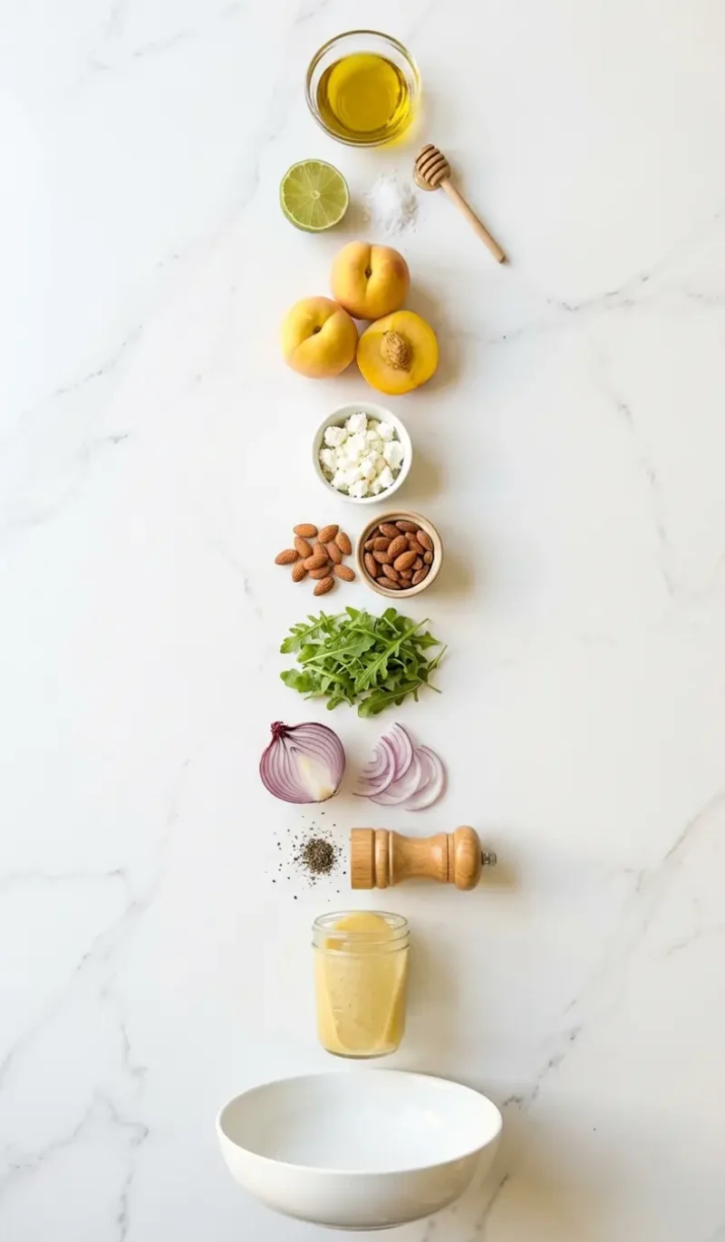 Exploded view of all 10 ingredients for Summer Peach Salad arranged vertically on white marble