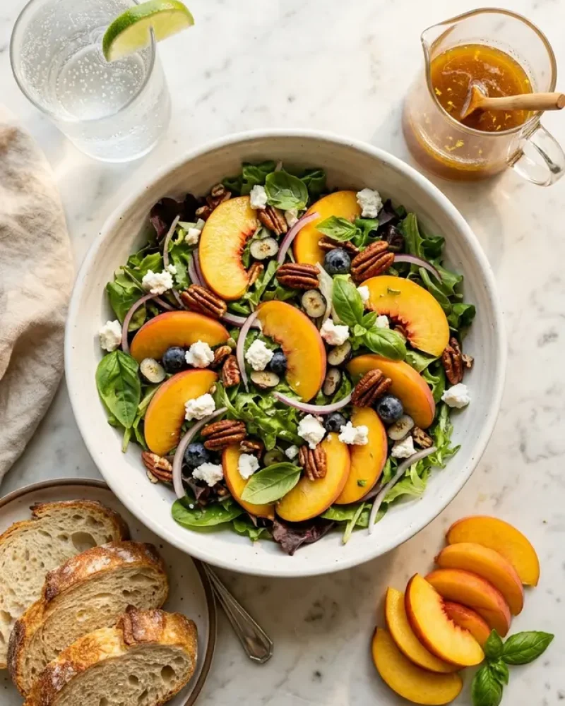 Overhead view of Summer Peach Salad with fresh peaches and sparkling water on white marble