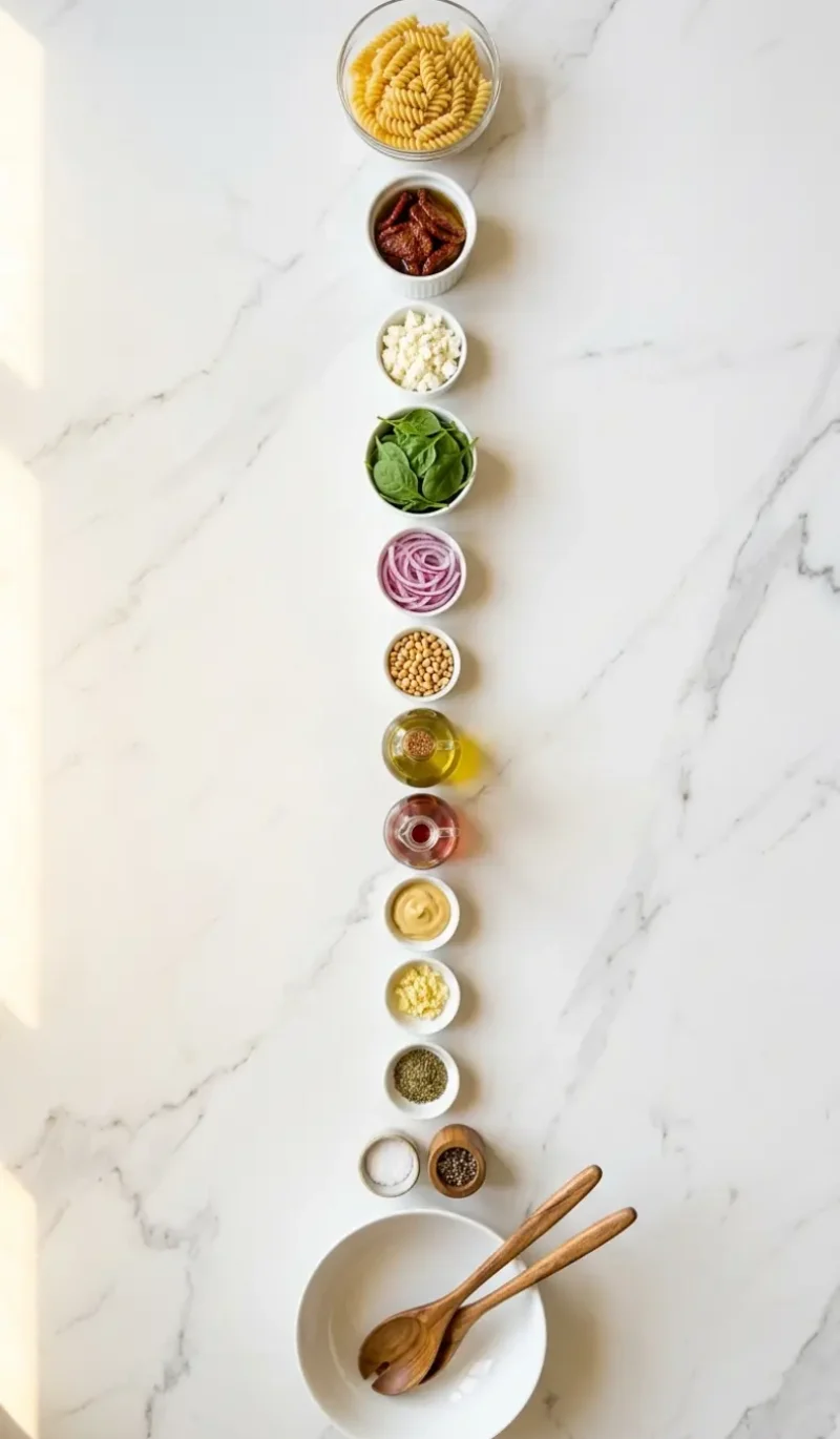 exploded view of all 12 ingredients for sun-dried tomato pasta salad with feta and spinach arranged vertically on white marble