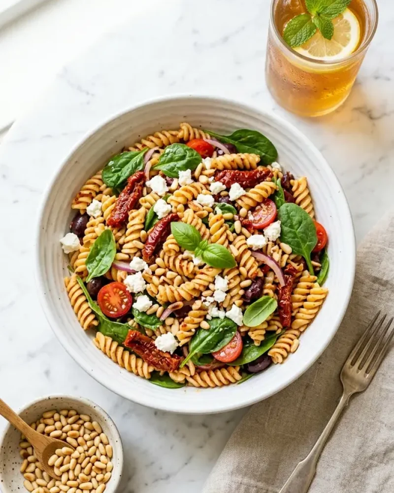 overhead view of sun-dried tomato pasta salad with sides of iced tea and pine nuts