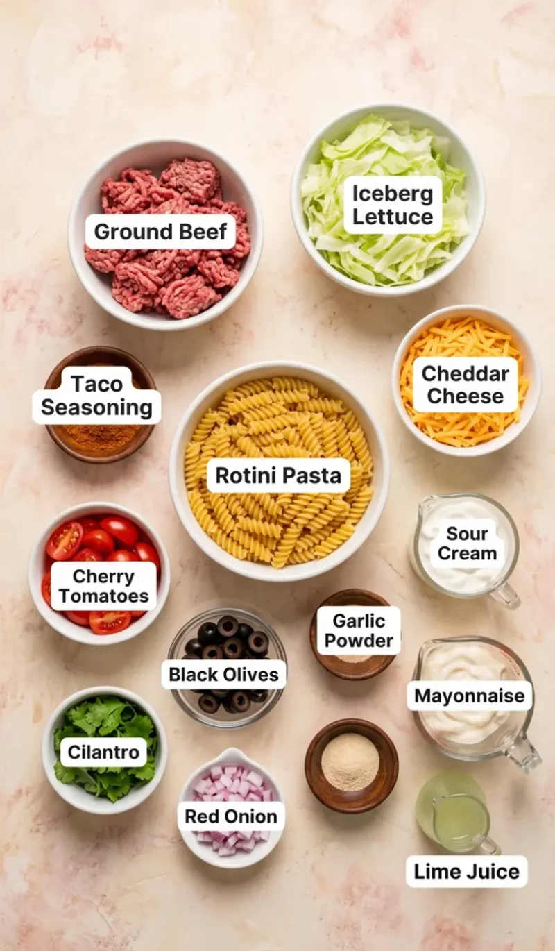 all 13 ingredients for Taco Pasta Salad arranged on a cream and blush plaster surface, each ingredient named