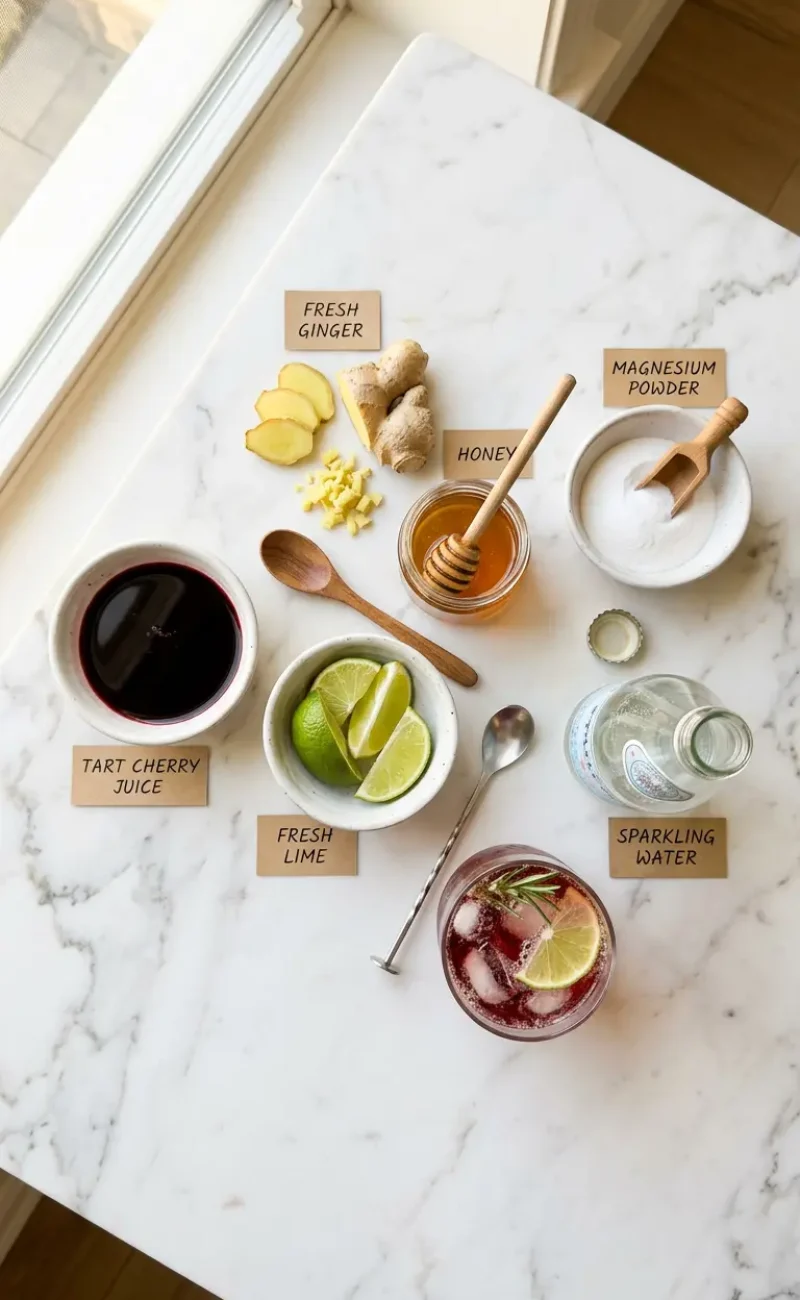 Overhead flatlay of all tart cherry magnesium mocktail ingredients in white bowls