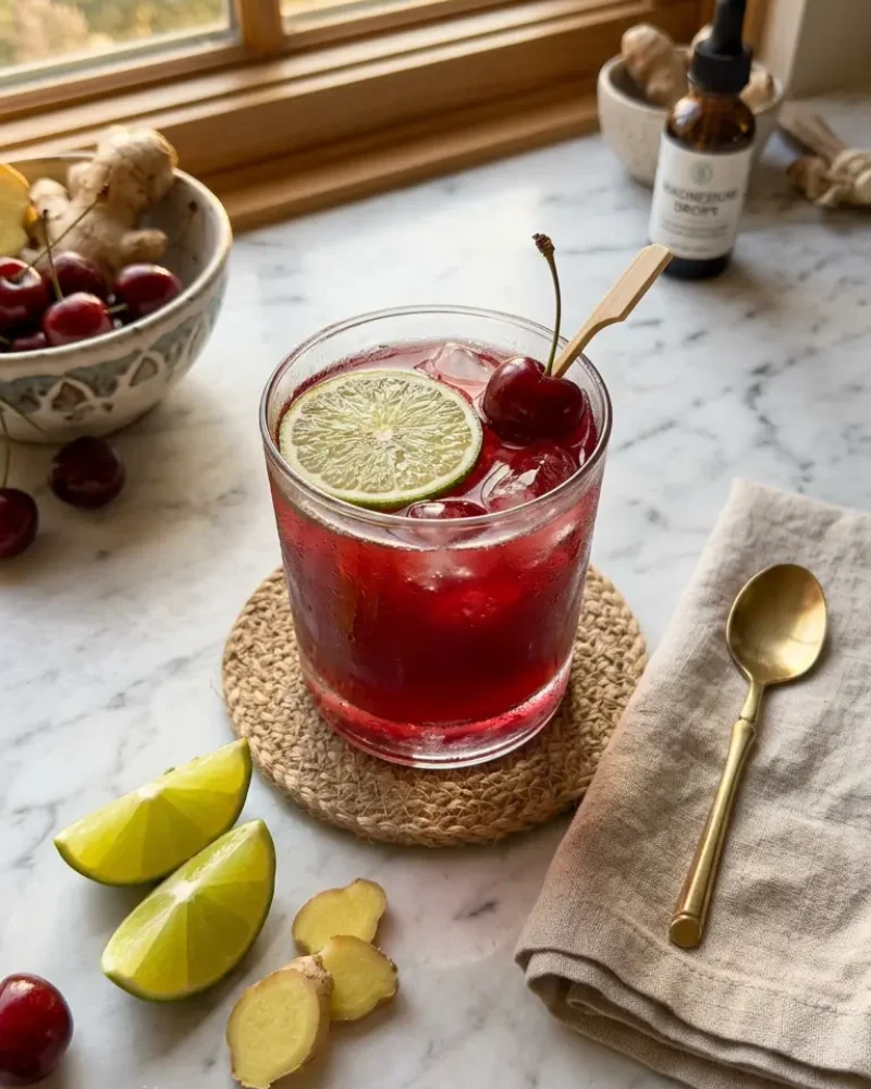 Overhead view of tart cherry magnesium mocktail with fresh ingredients arranged around glass