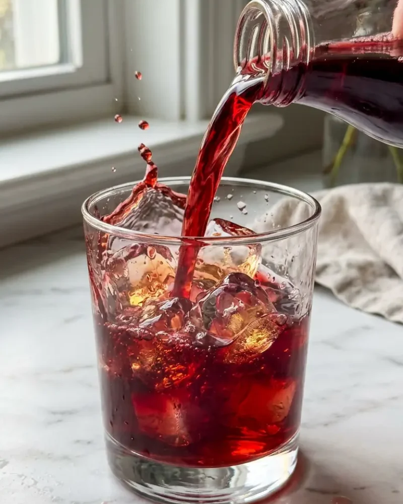 Pouring tart cherry juice over ice for the mocktail