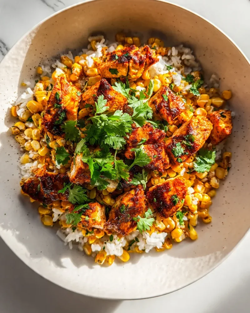A finished tasty street corn chicken bowl ready to be eaten.