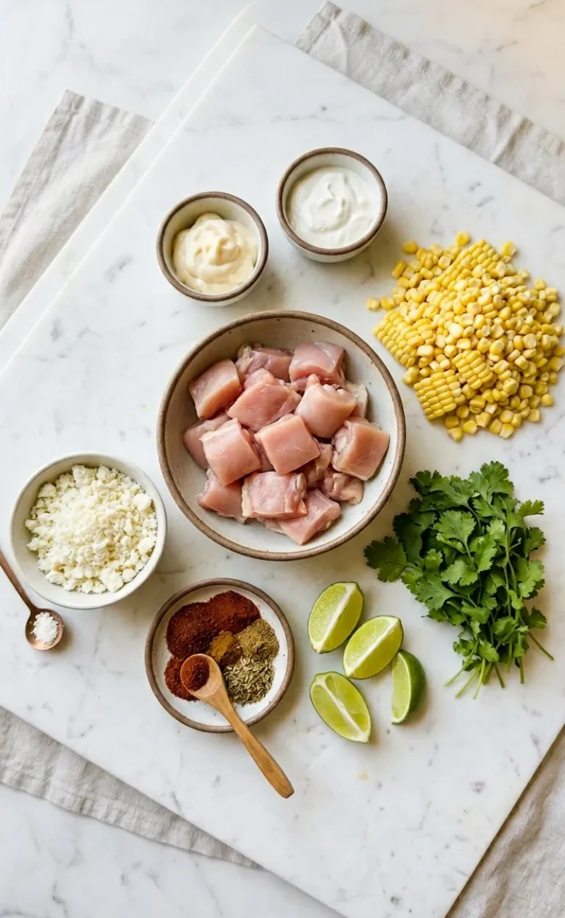 Raw ingredients for a tasty street corn chicken bowl including chicken and fresh corn.