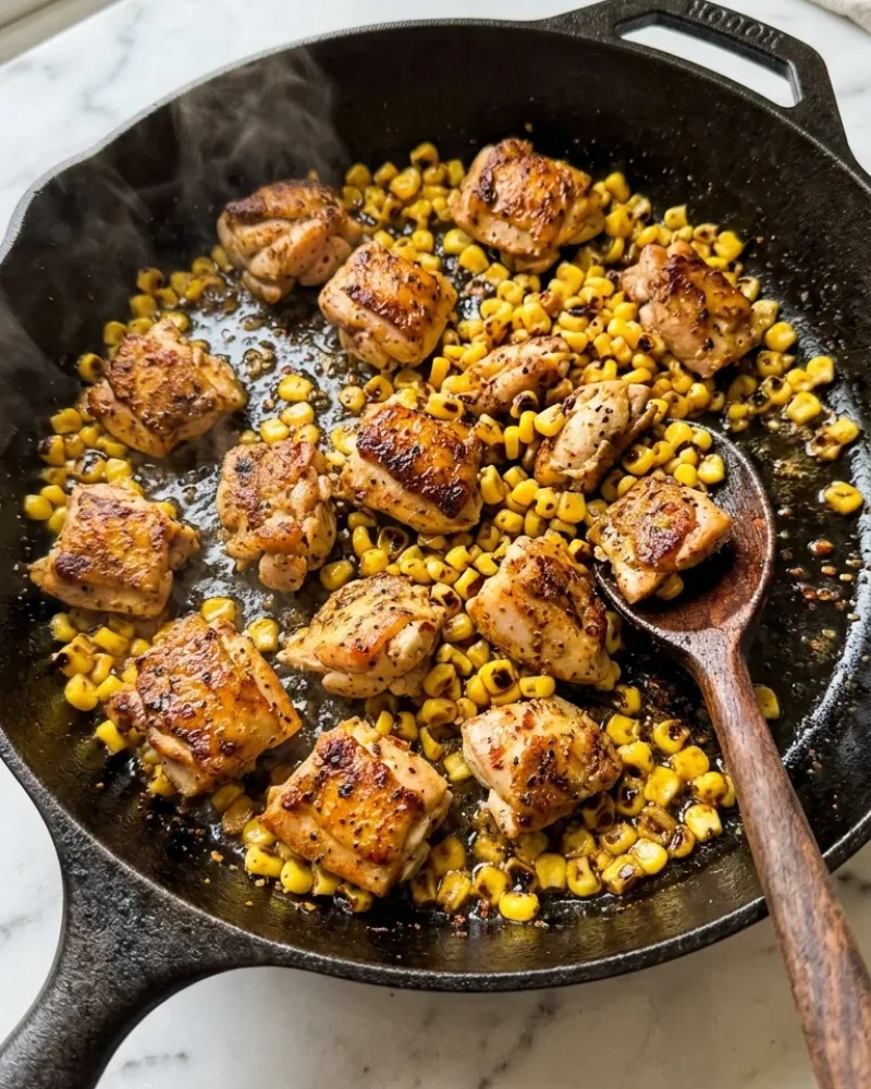 Searing chicken and corn in a skillet for a tasty street corn chicken bowl.