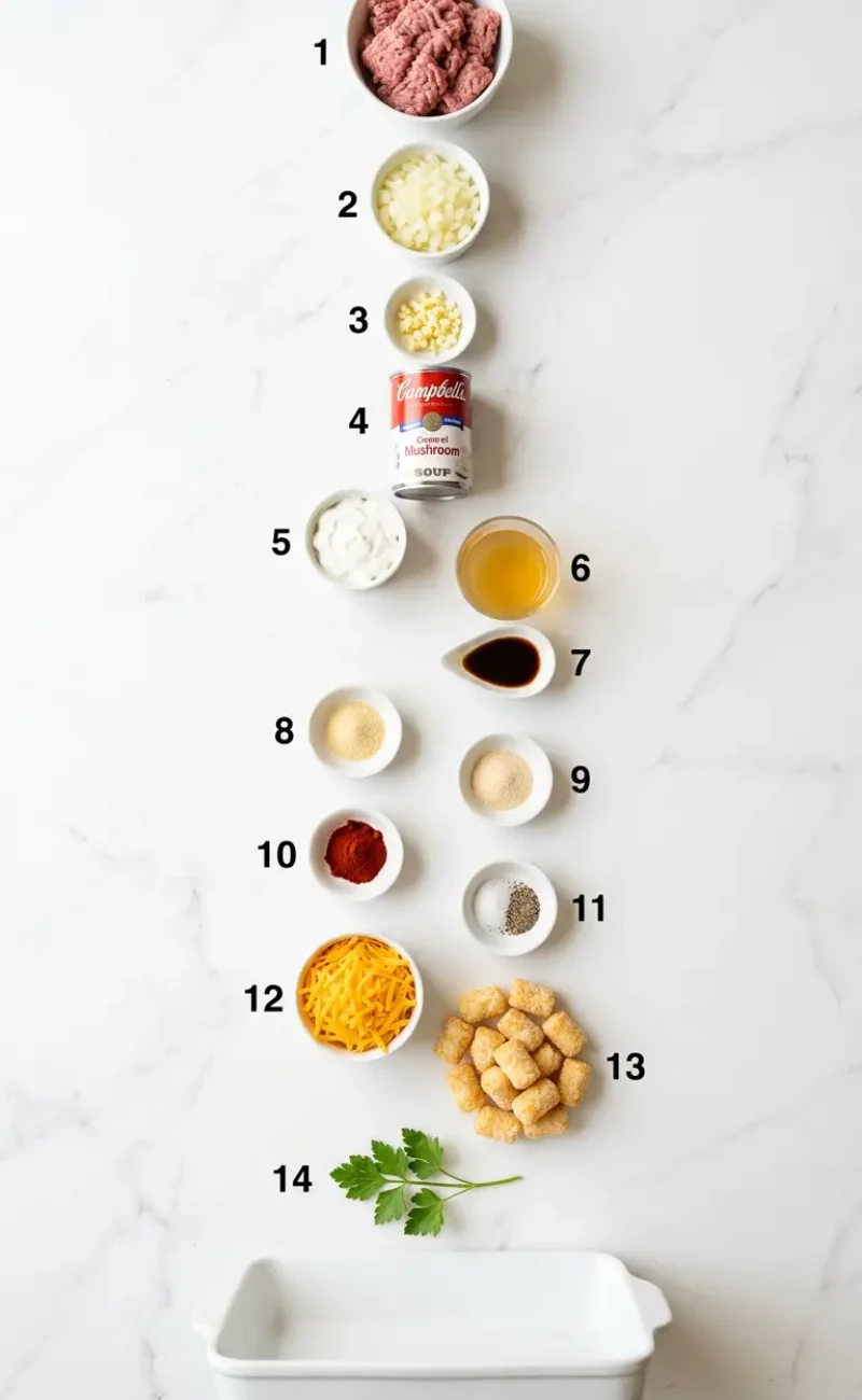 Exploded view of all 14 ingredients for tater tot casserole with ground beef arranged vertically on white marble