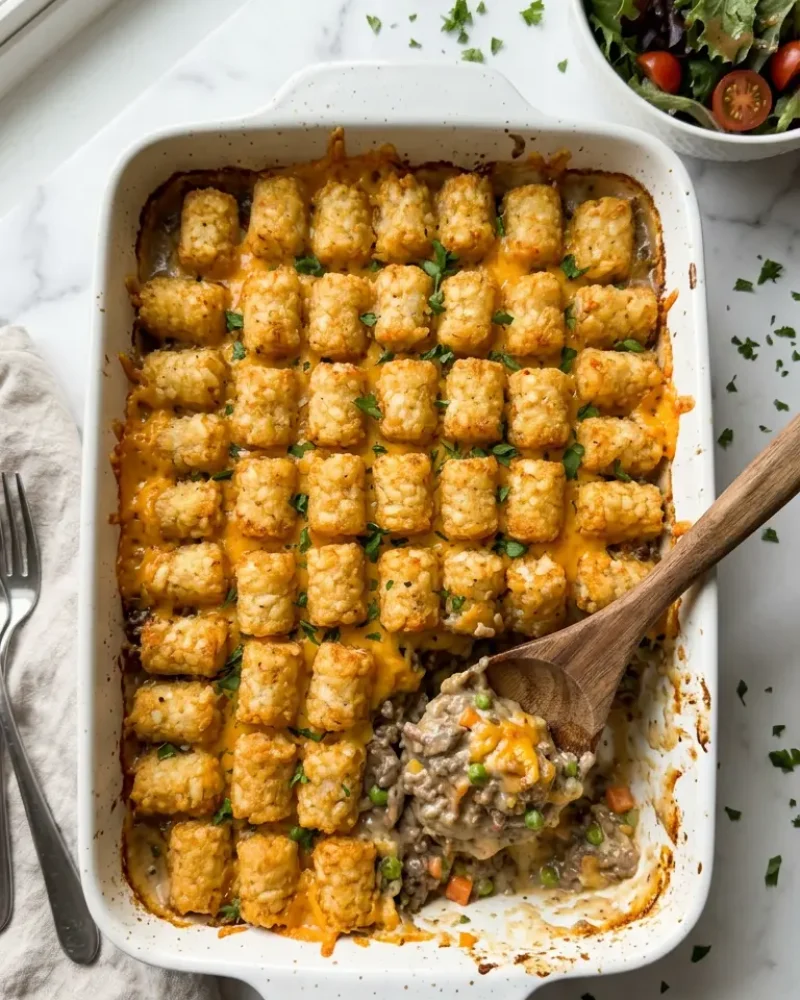 Overhead view of tater tot casserole with ground beef with a serving removed and a side salad