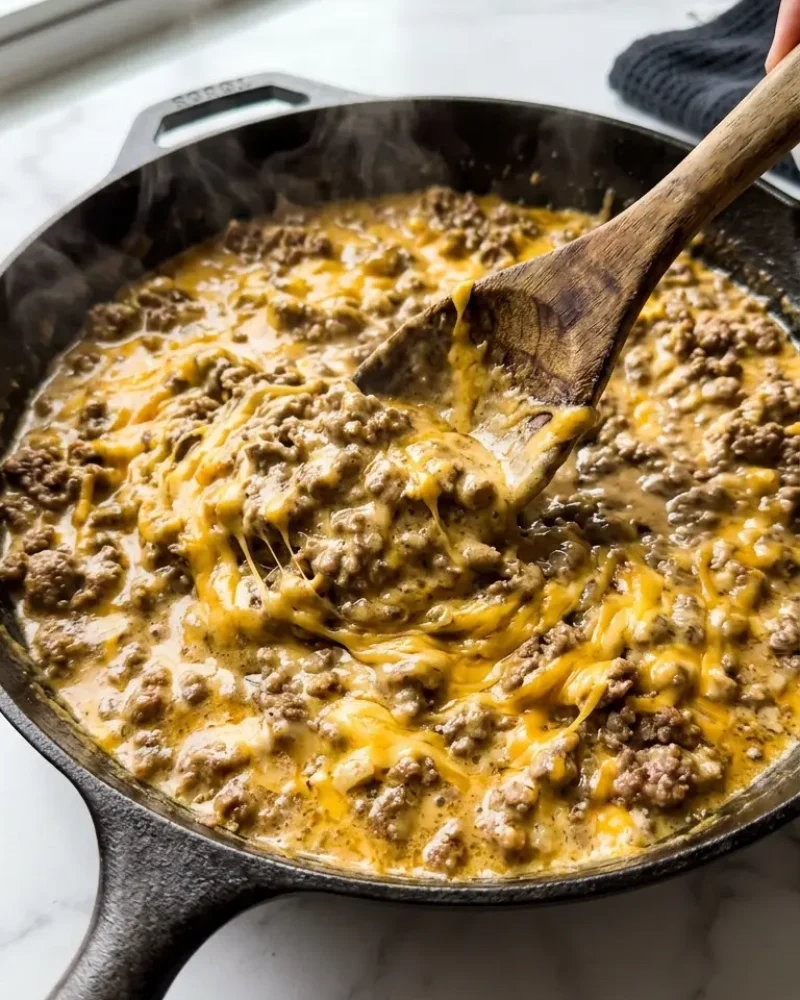 Stirring creamy ground beef filling with melted cheddar cheese in a skillet for tater tot casserole