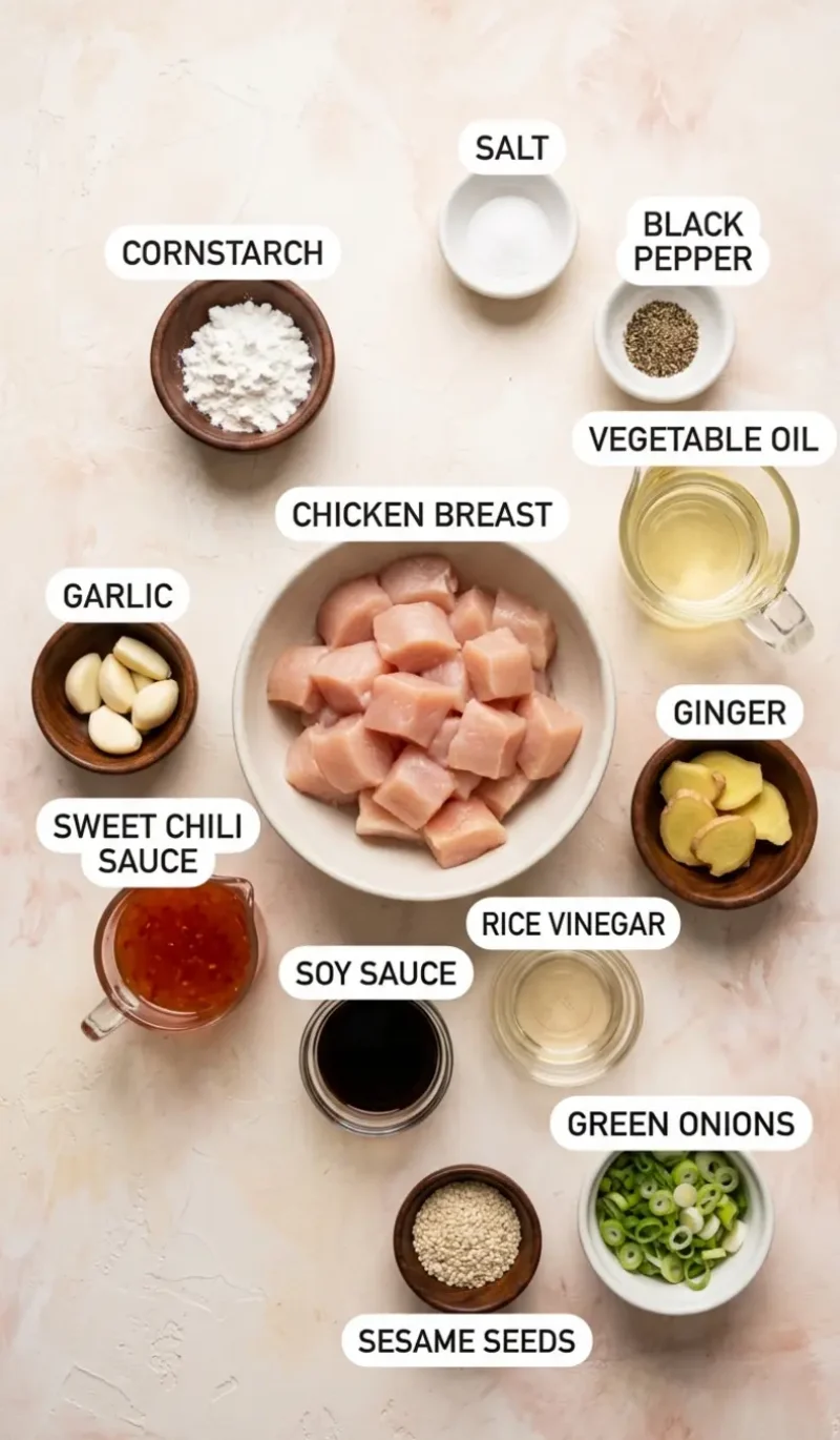 Labelled overhead flatlay of all 12 ingredients for Thai Chicken Bites on a cream and blush plaster surface, each ingredient named
