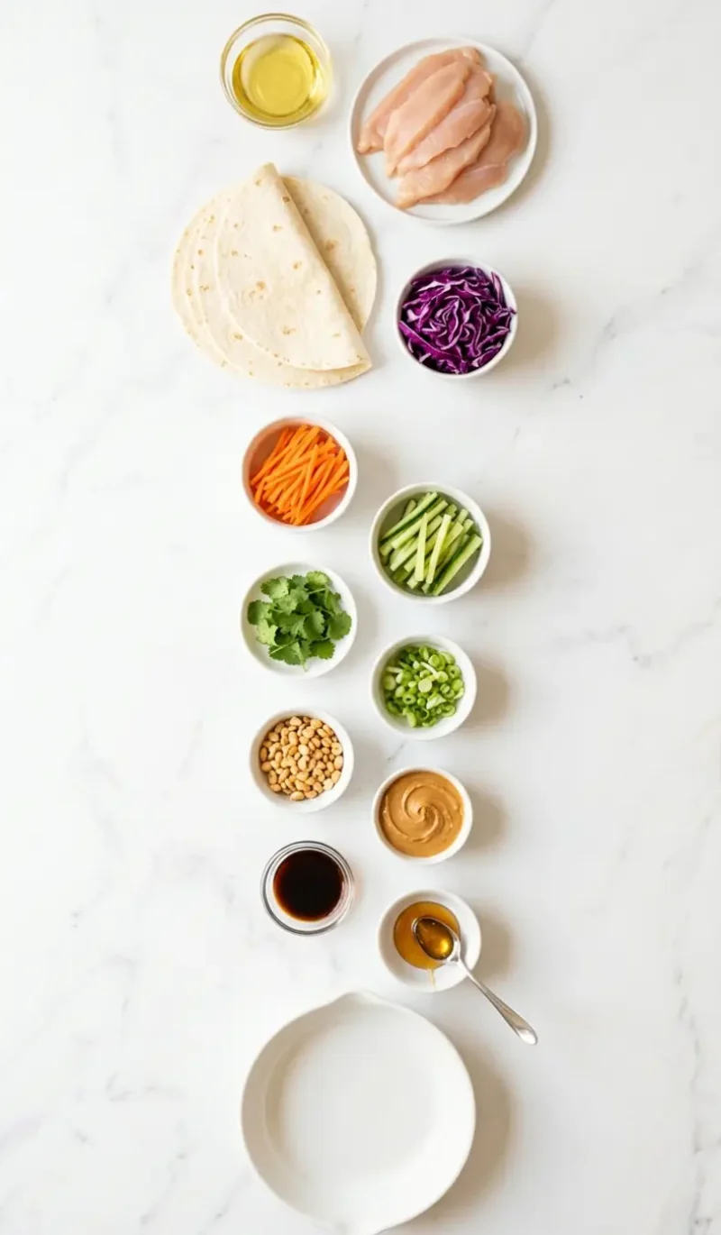 All 13 ingredients for Thai Peanut Chicken Wraps arranged vertically on white marble