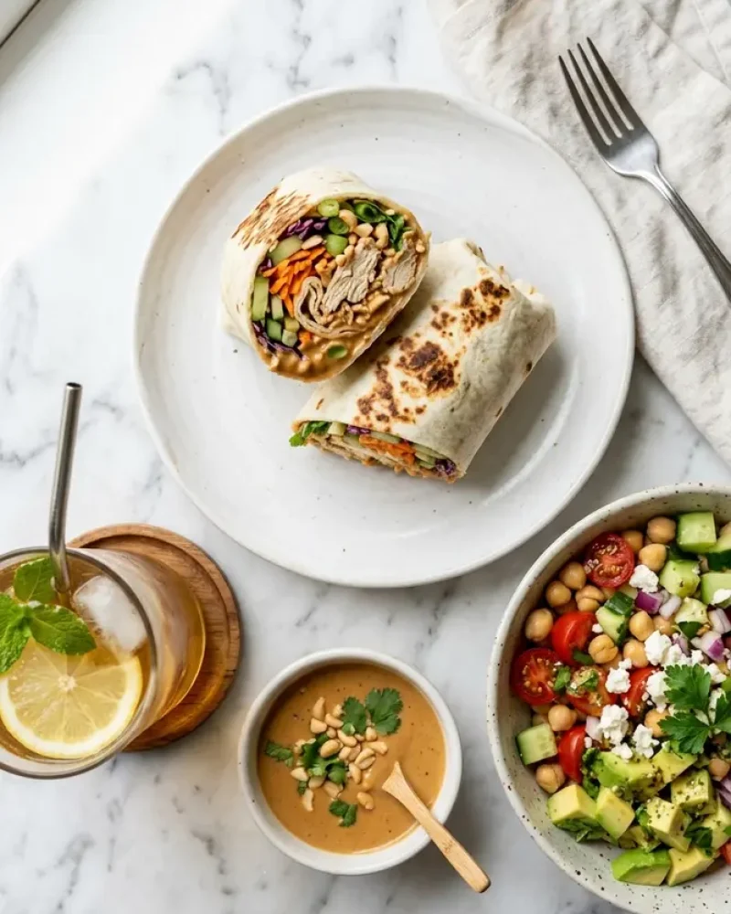 Overhead view of Thai Peanut Chicken Wraps with chickpea salad and iced tea